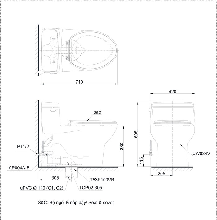Bản vẽ chi tiết kỹ thuật Bồn cầu TOTO Eco washer MS884E4