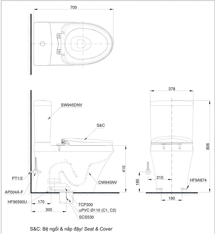 Chi tiết bàn vẽ kỹ thuật Bồn cầu TOTO Eco washer CS945DNE2: