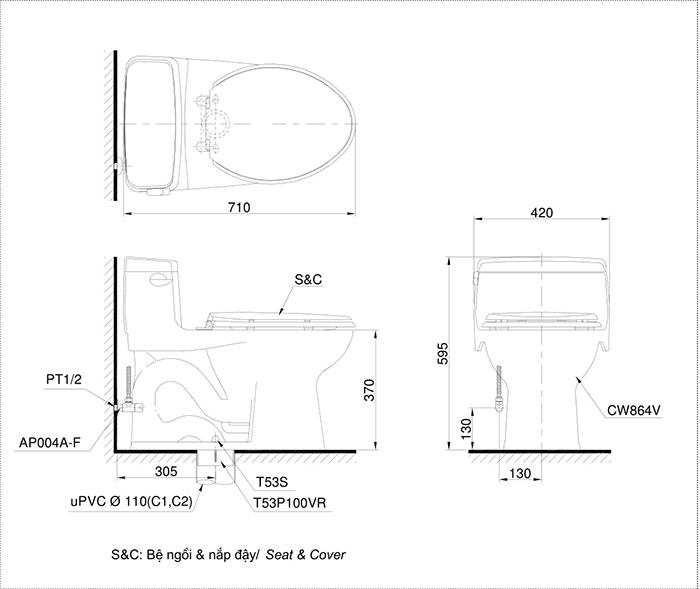 Bản vẽ chi tiết kỹ thuật Bồn cầu TOTO Eco washer MS864E4 