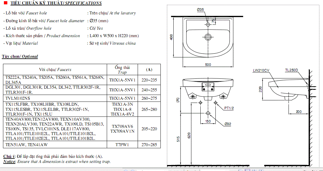 Thông số kỹ thuật chậu rửa treo tường LT210CTR