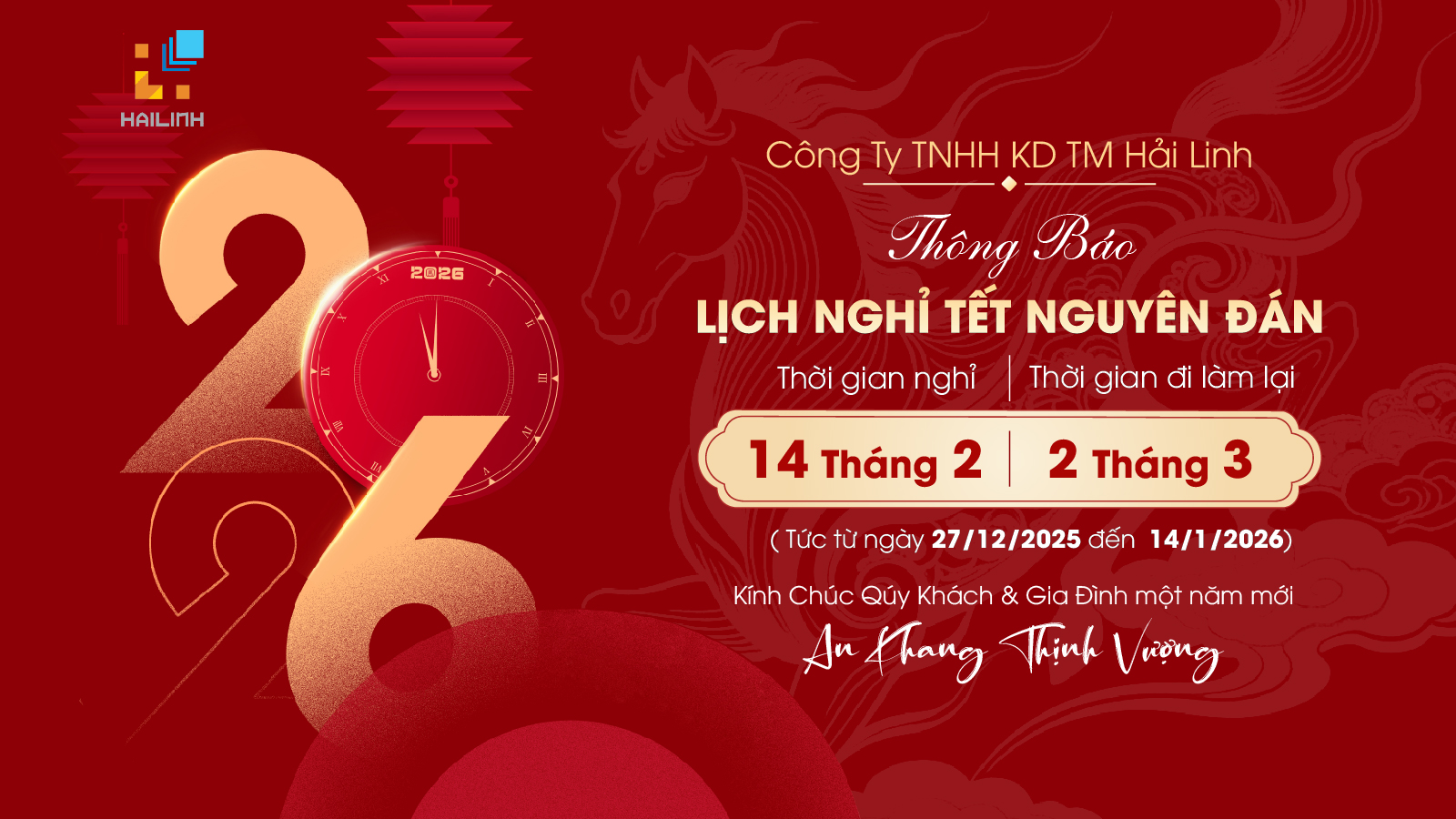 LỊCH NGHỈ TẾT NGUYÊN ĐÁN BÍNH NGỌ 2026